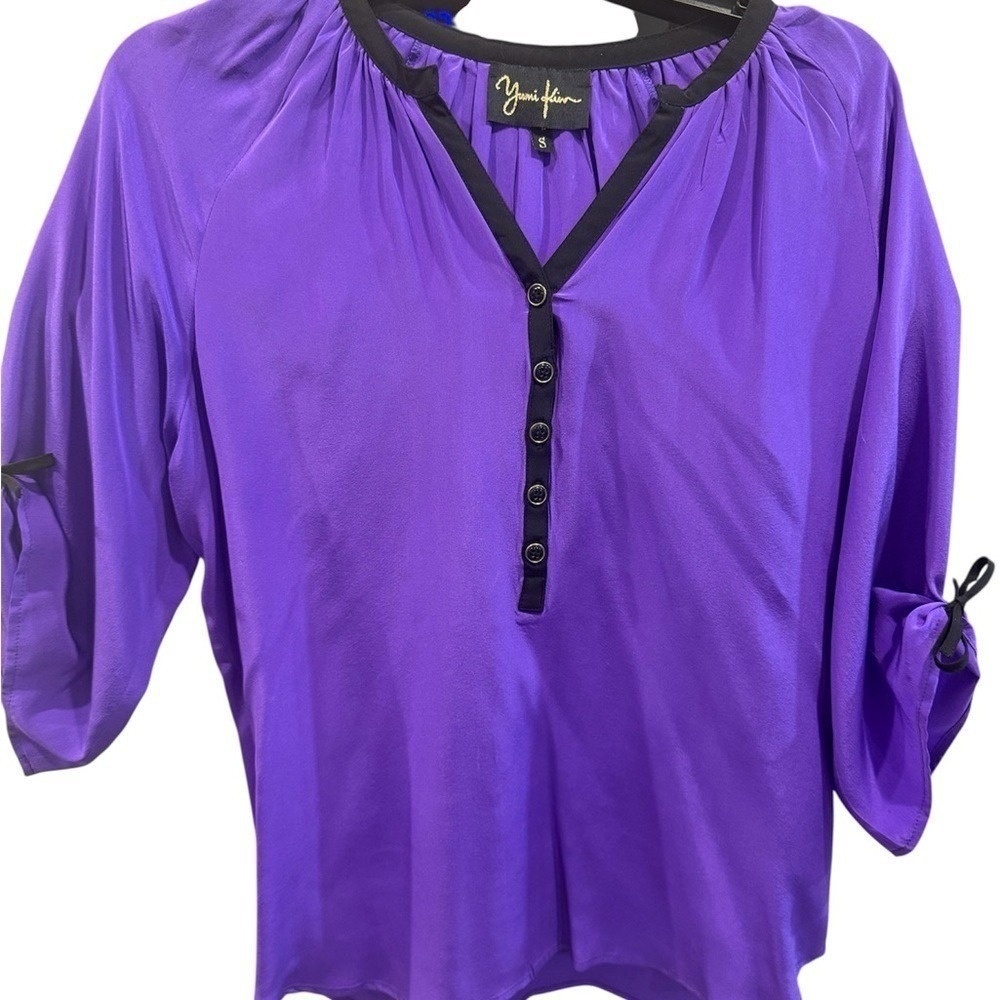 Yumi‎ Kim Silk Blouse Womens S Purple Henley V-Neck 3/4 Sleeve Contrast Trim